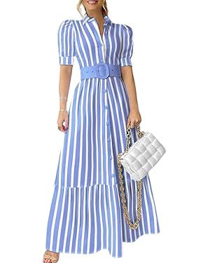 utcoco Womens Striped Button Down Shirt Dress Casual Puff Short Sleeve Ruffle Hem Maxi Dresses wi... | Amazon (US)