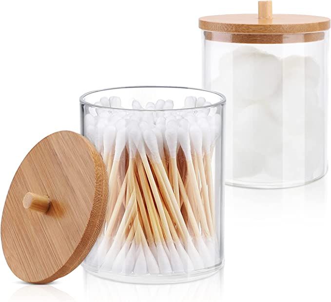 TCJJ 2 Pack Acrylic Qtip Holder Bathroom Canisters Jars with Bamboo Lids,Cotton Swab Balls Pads R... | Amazon (US)