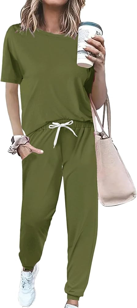 Women 2 Piece Outfits Summer Set Striped Short Sleeve Sweatsuits Crew Neck Pullover Lounge Tracks... | Amazon (US)