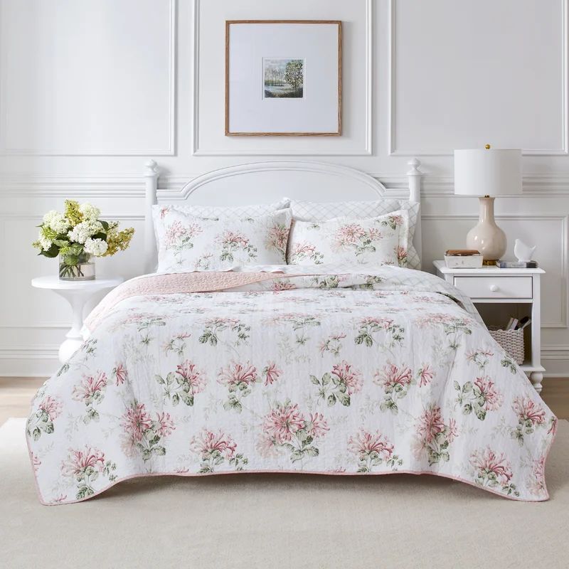 Laura Ashley Honeysuckle Cotton Reversible Pink Quilt Set | Wayfair North America