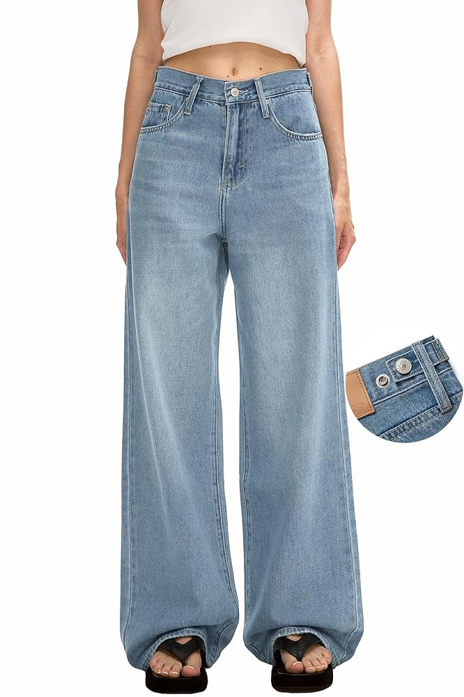 Women's Adjustable Wasit Baggy Jeans with Snap-Button Waistband Wide Straight Leg High Rise Jeans... | Amazon (US)