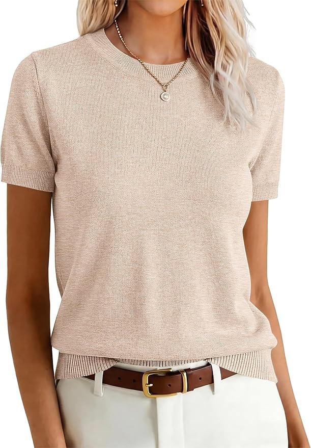 ANRABESS Womens Short Sleeve Sweaters Wool Blend Crew Neck Sweater Shirts Business Casual Work To... | Amazon (US)