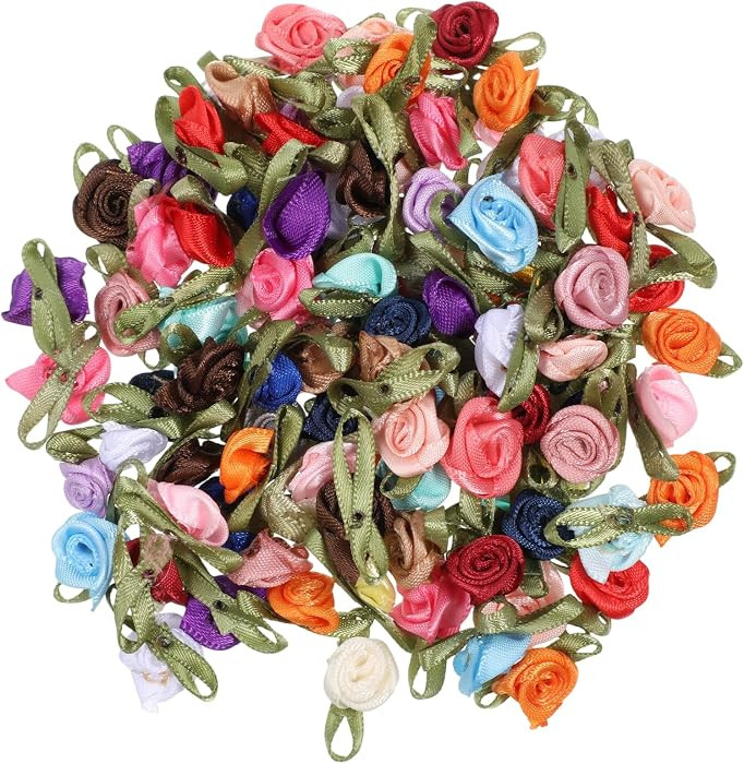100 PCS 15mm Multicoloured Mini Rose Flowers, Mini Roses for Crafts, Satin Ribbon Bows Appliques,... | Amazon (US)