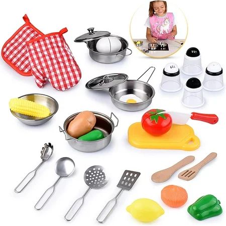 Kids Kitchen Toy Set, Educational Play with Stainless Steel Cookware Pot and Pan Set, Wooden Cooking | Walmart (US)