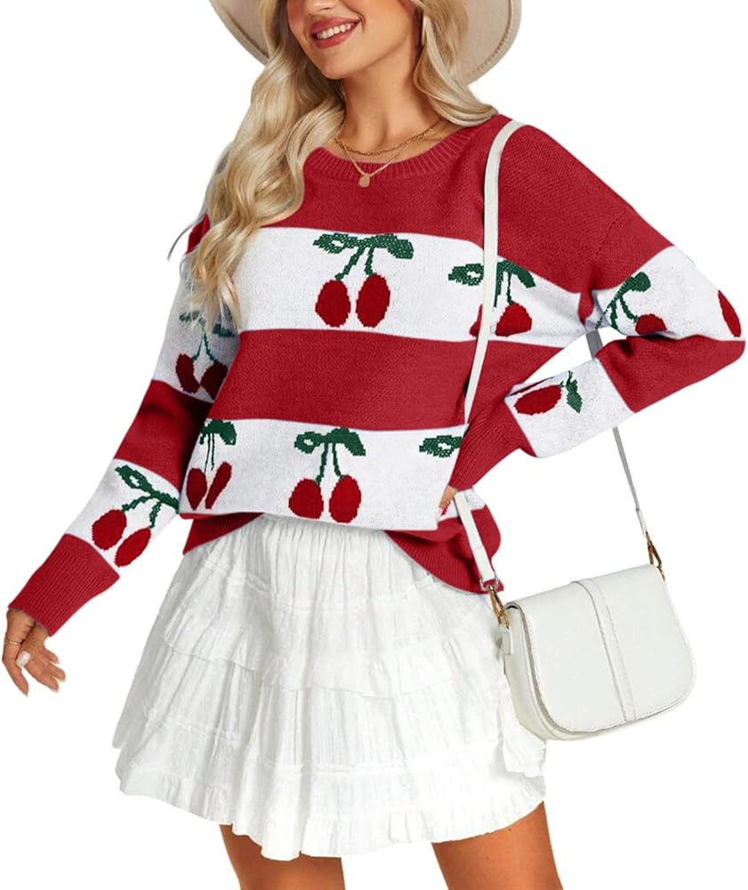 Angashion Sweaters for Women Trendy: Cherry Crewneck Long Sleeve Knit Pullover Fall Sweater | Amazon (US)