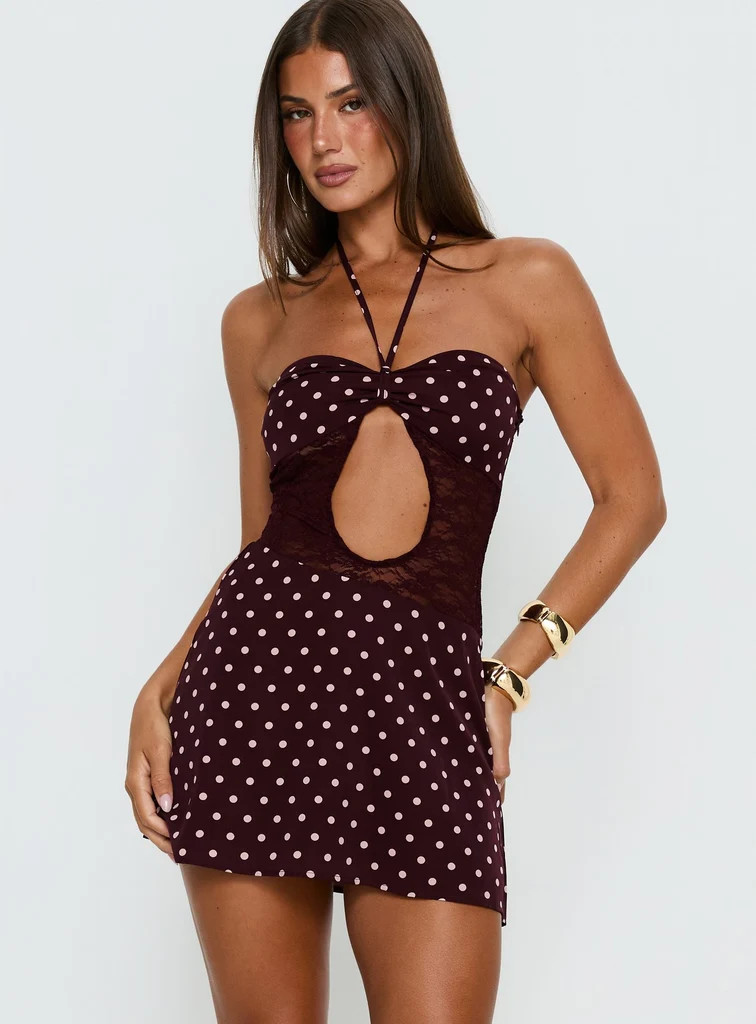 Qwen Halter Cut Out Mini Dress Plum Polka Dot | Princess Polly US