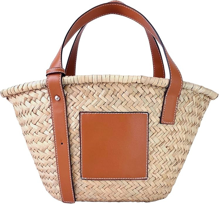 Straw Handbag Tote Large Bag Women Handmade Natural Basket Bag for Summer Beach PU Leather Strap | Amazon (CA)