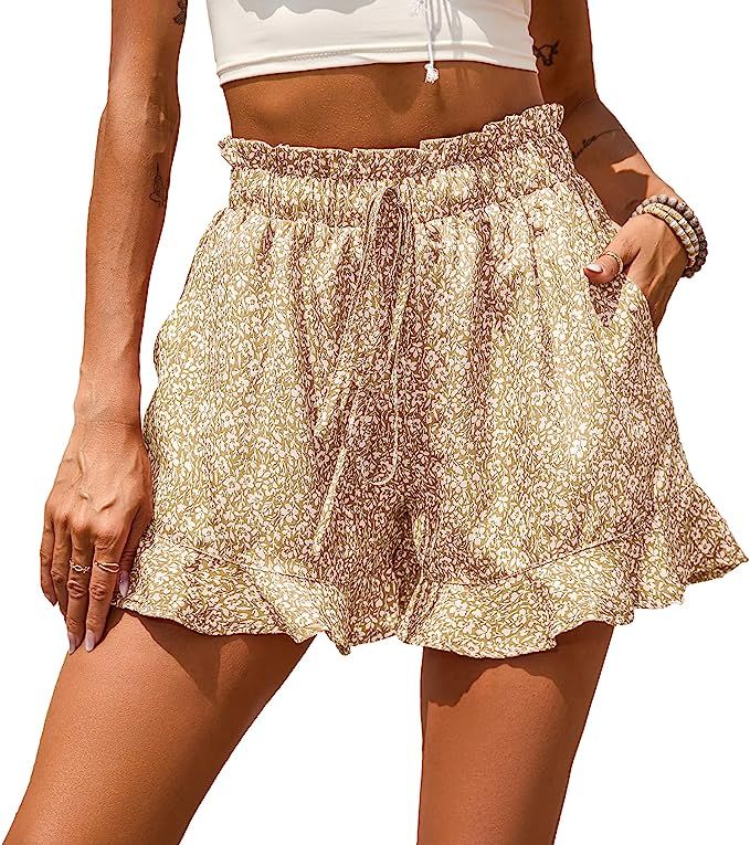 BTFBM Women's Casual Shorts Elastic High Waist Ruffle Hem Floral Print Comfy Summer Beach Short L... | Amazon (US)