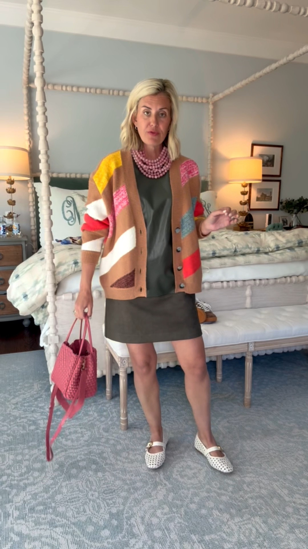 How gorgeous is this suede and leather mixed media dress? ￼
Dress - small
Cardigan - xs (on sale)
Mary Jane’s - 7.5 (1/2 size down)
