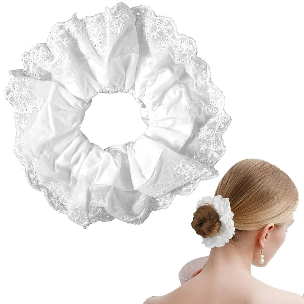 White Satin Scrunchies Large Lace Scrunchies Double Layer Hair Bands Elastic Hair Ties Ropes Pony... | Amazon (US)