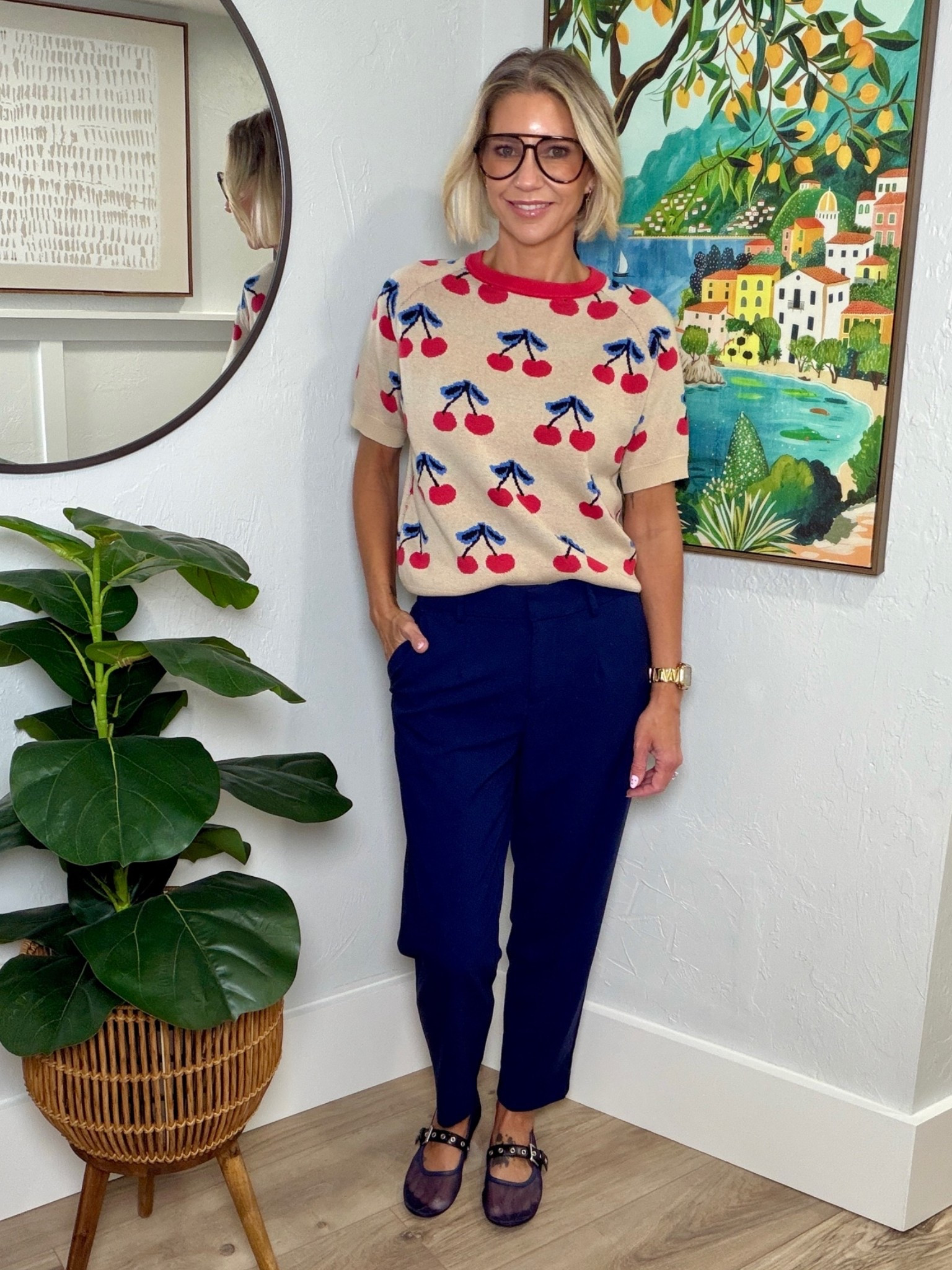I can’t get enough of this cherry sweater from Oxknit! I’m wearing a small. My trousers are from Target. 

My navy blue mesh flats are from Walmart! The strap and buckle detail is black making it a fun combo!

#LTKgrwm #LTKootd #LTKOver40