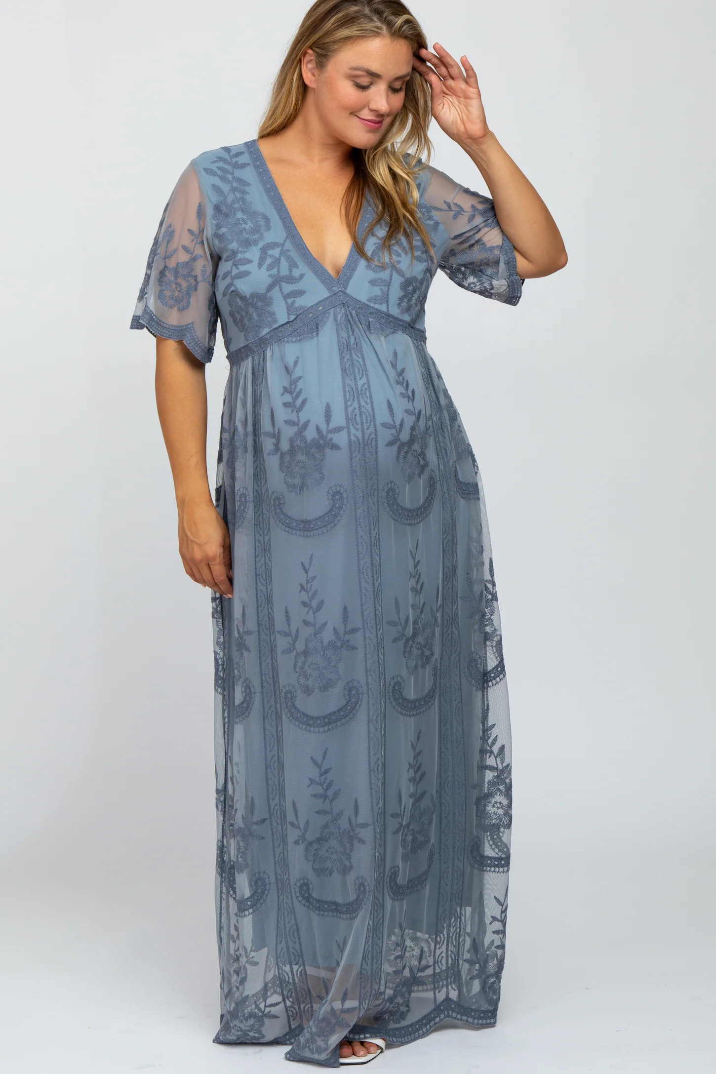 Blue Lace Mesh Overlay Maternity Plus Maxi Dress | PinkBlush Maternity