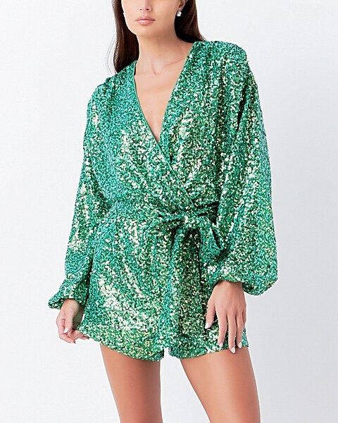 Endless Rose Sequins Belted Wrapped Romper | Express