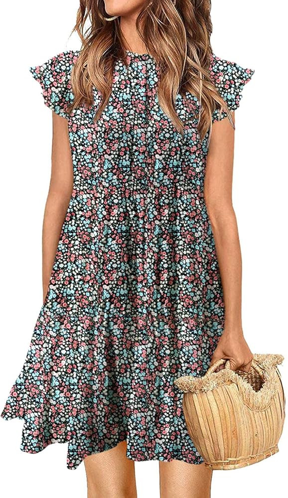 KIRUNDO 2021 Women’s Summer Mini Dress Sleeveless Ruffle Sleeve Round Neck Solid Color Loose Fi... | Amazon (US)