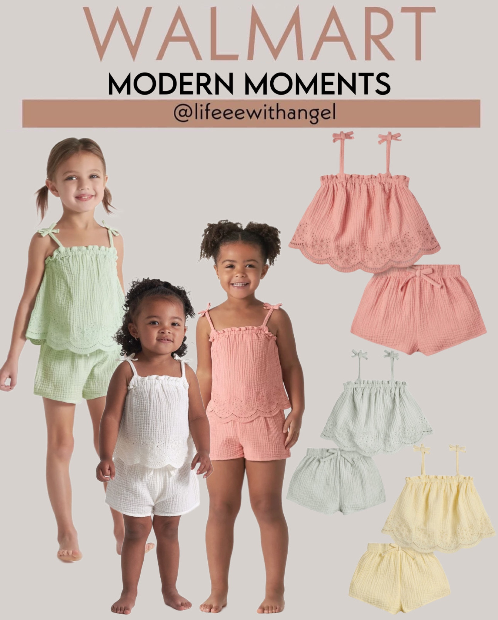 This 2-piece outfit set is giving me modern boutique sophistication vibes! They’re made of soft and lightweight cotton gauze fabric, with a flowy A-line top with cute shoulder ties and eyelet trim at the scallop hem. Paired with matching pull-on shorts. 😍 This adorable duo is  designed for easier changes and all-day comfort. Available in 4 color options and size 2M-5T

#Ad @walmartfashion #WalmartFashion 
@shop.ltk  #LTKfashion #liketkit #ltkstyletip #LTKkidsfashion #kidsfashion #walmartfallfashion 