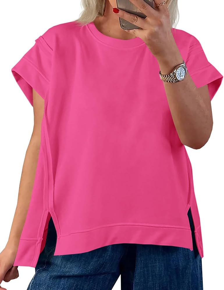 Tankaneo Womens Oversized Short Cap Sleeve T-Shirts Crew Neck Side Slit Tops Summer Casual Loose ... | Amazon (US)