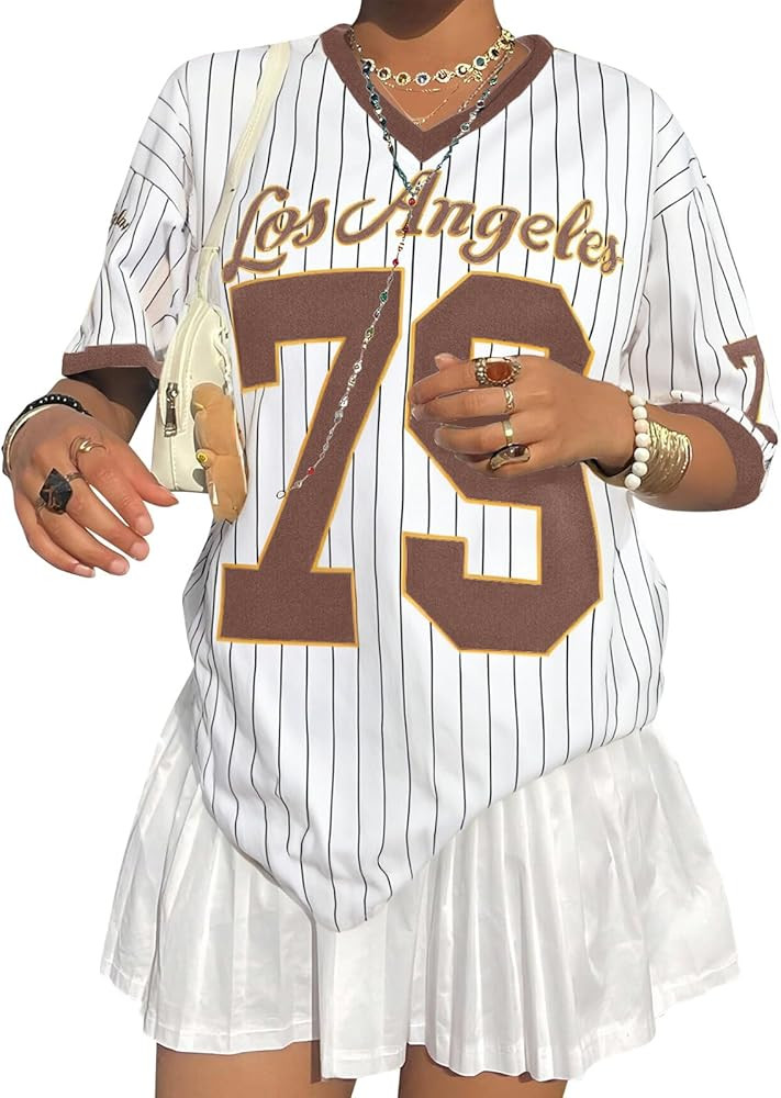 Oversized Jersey Shirts for Women V Neck Tshirt Striped Number Graphic Shirt Casual Y2k Streetwea... | Amazon (US)