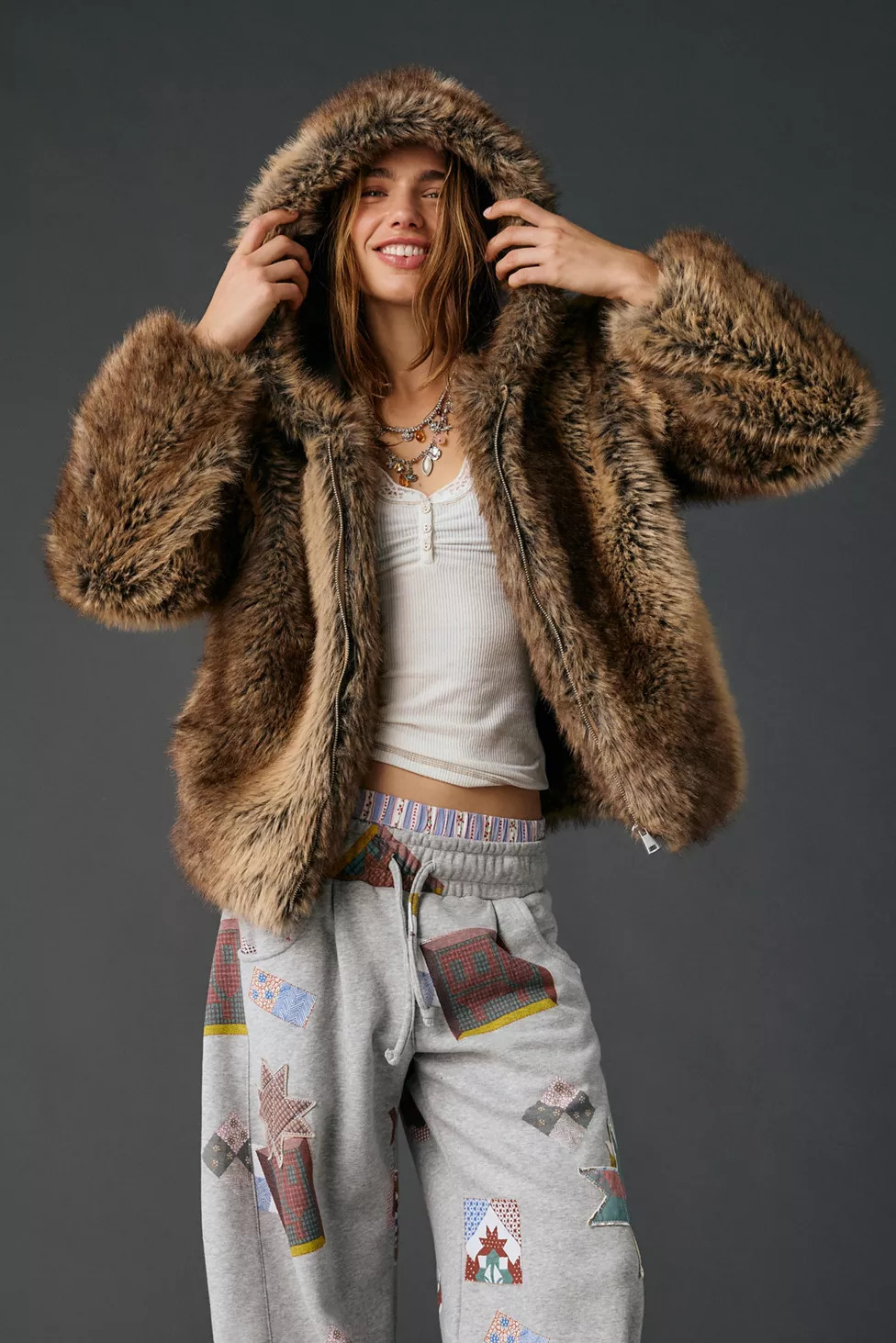 UO Sloanne Faux Fur Zip-Up Hooded Jacket | Urban Outfitters (US and RoW)