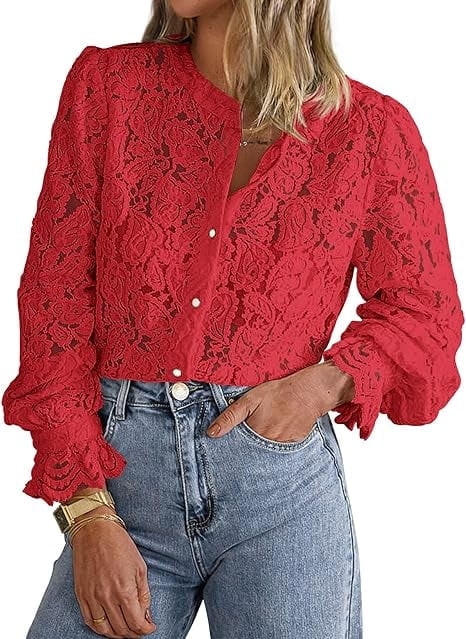 PRETTYGARDEN Women's Dressy Casual Lace Blouse Long Sleeve Button Up Shirts Tops Spring Fall Fash... | Walmart (US)