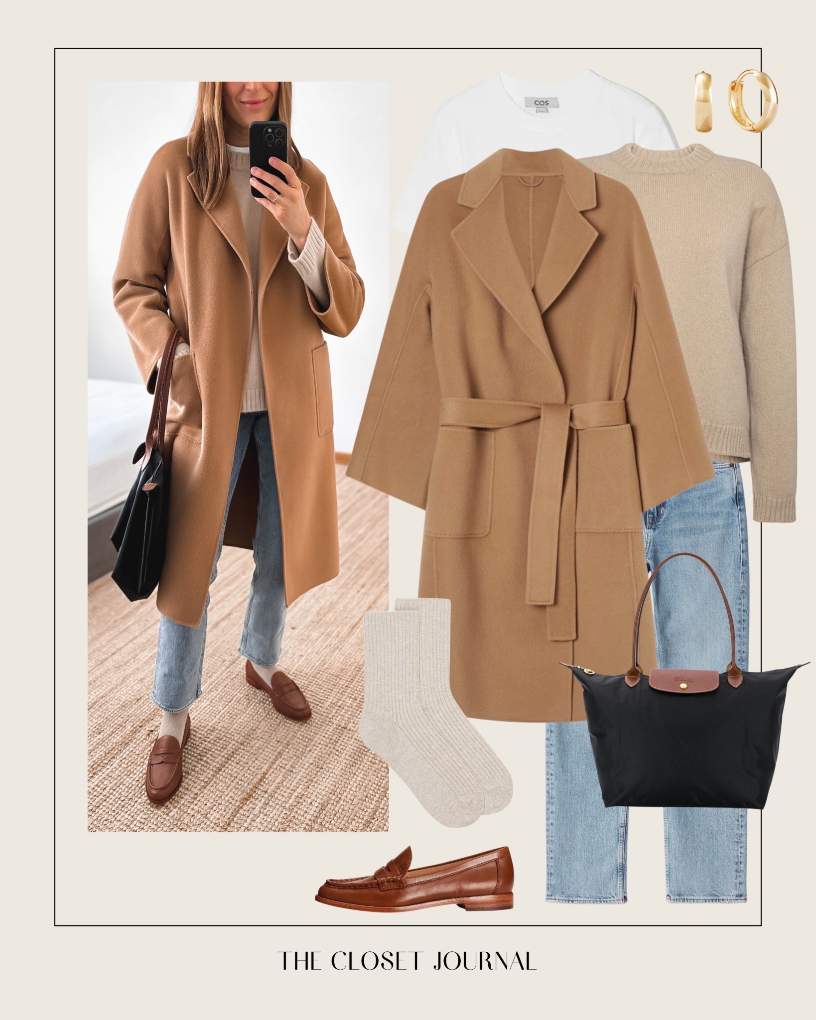 Camel coat and light Blue Jeans 