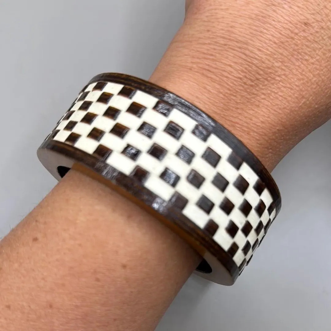 Vintage Wooden Brown White Checkered Large Cuff Bangle Statement Bracelet | Etsy (US)