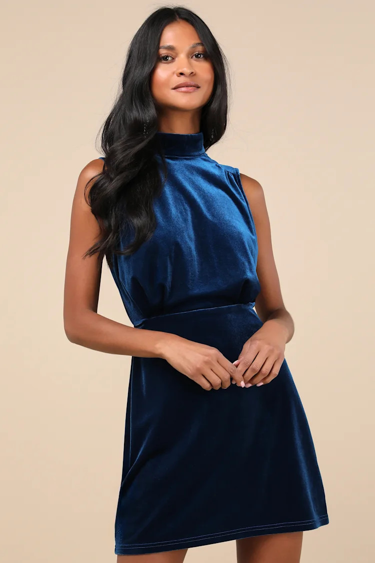 Gorgeous Darling Blue Velvet Sleeveless Mock Neck Mini Dress | Lulus