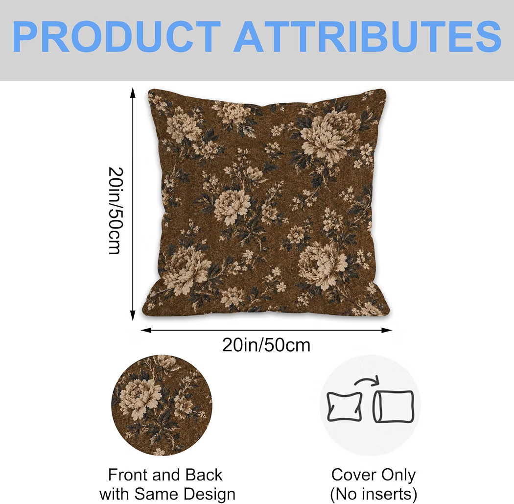Throw Pillow Cover Brown Vintage Floral 20x20 Pillow Cover Set of 2 Farmhouse Home Decoration Pil... | Amazon (US)