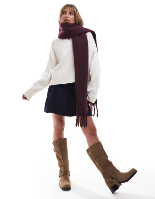 ASOS DESIGN fluffy tassel scarf in burgundy | ASOS (Global)
