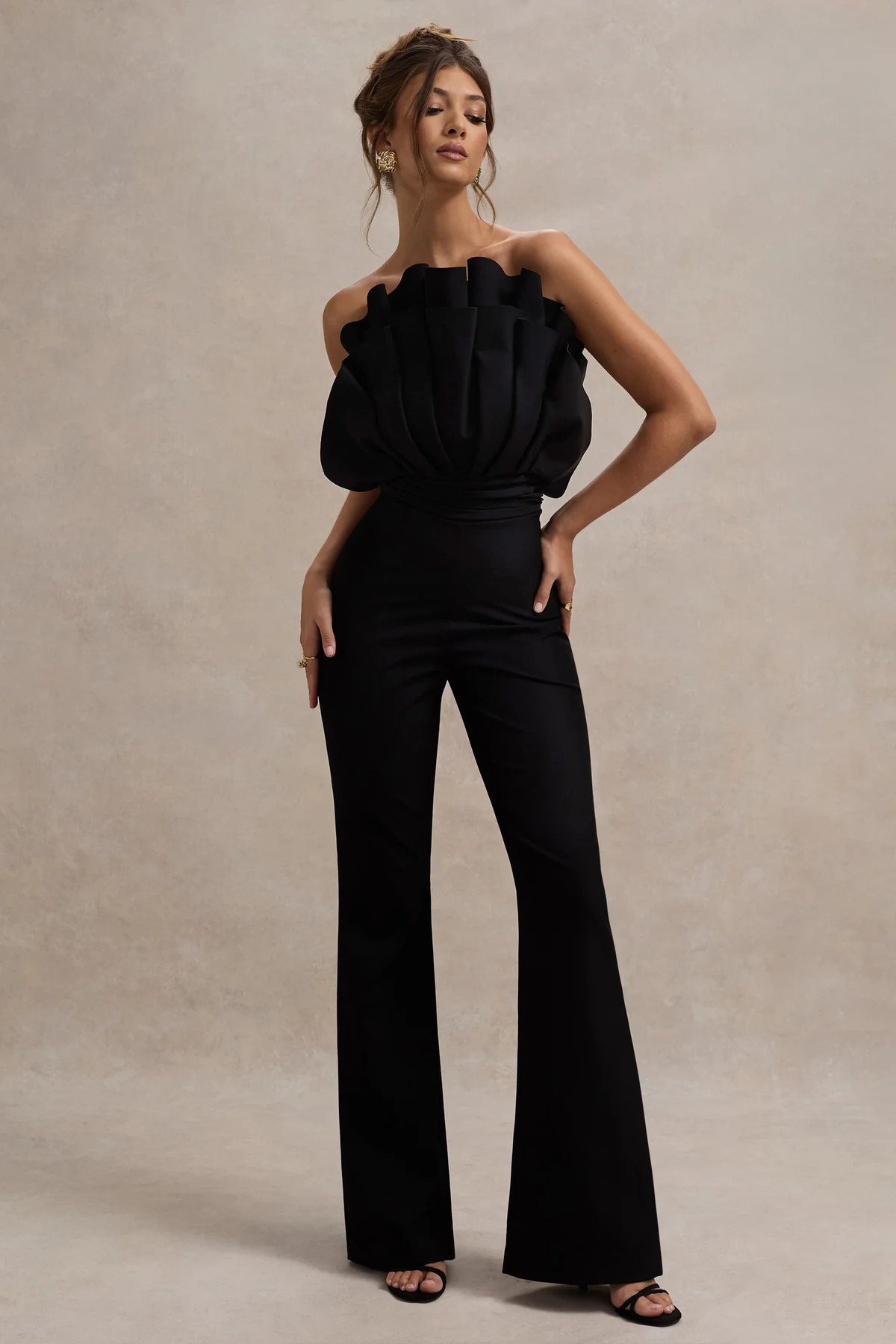 Nicia | Black Ruffled Strapless Flared-Leg Jumpsuit | Club L London