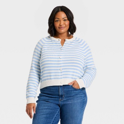 Women's Crewneck Cotton Cardigan - Universal Thread™ Blue Striped XXL | Target