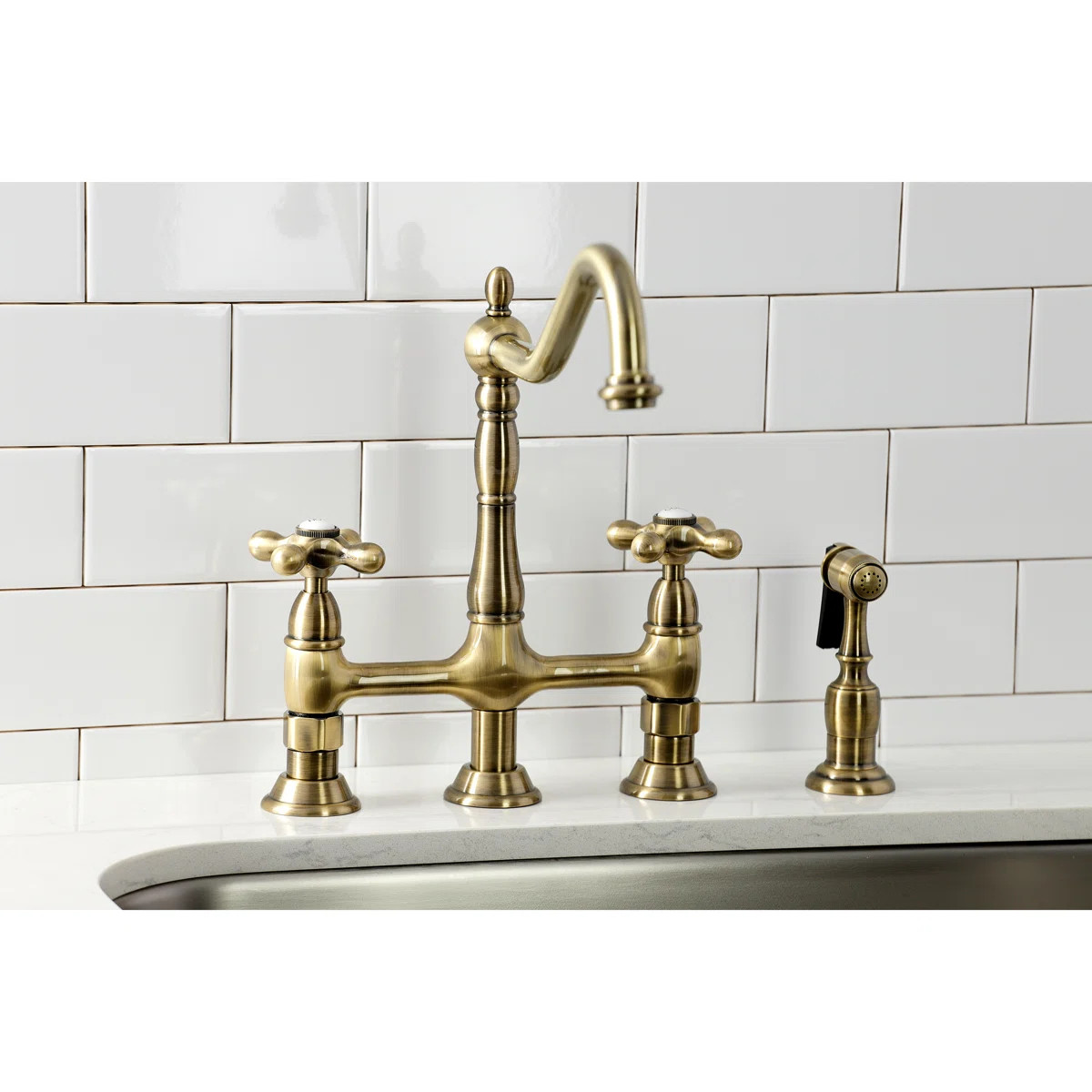 Kingston Brass Heritage Two-Handle 4-Hole Deck Mount Bridge Kitchen Faucet with Brass Side Spraye... | Wayfair North America
