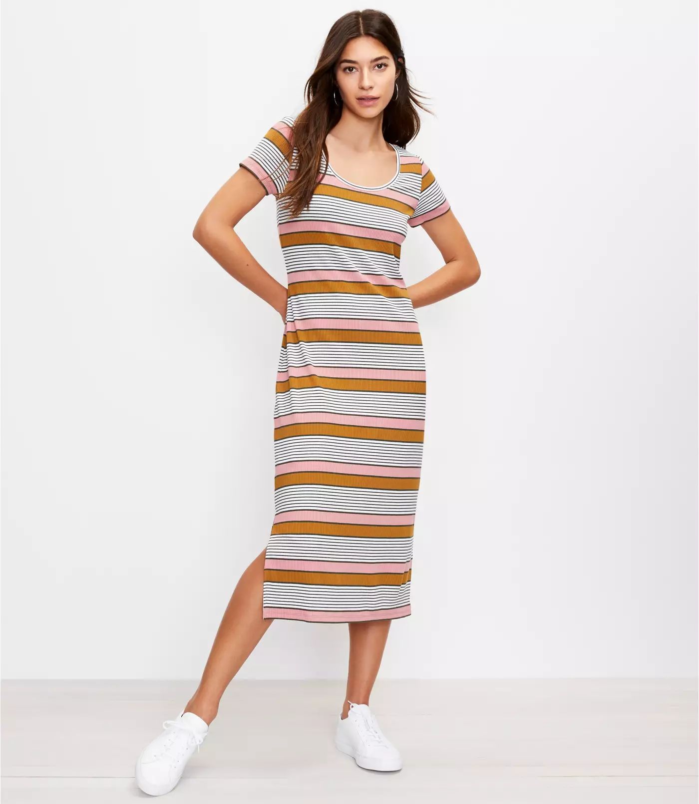 Striped Scoop Neck Midi Dress | LOFT