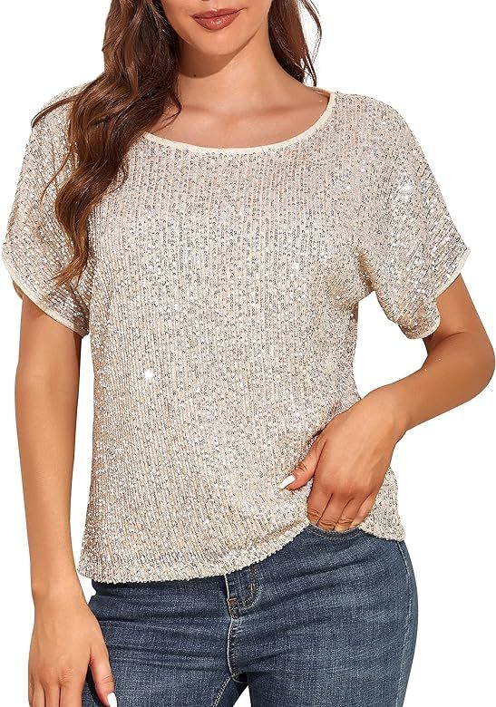 PrettyGuide Women's Sparkly Sequin Tops Short Sleeve Glitter Loose Party Shirt Blouse Boat Neck Dres | Amazon (US)