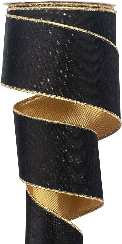 2.5 inch Wide Black Wired Velvet Ribbon for Christmas Tree 10 Yards, Vintage Velvet Ribbon with G... | Amazon (US)