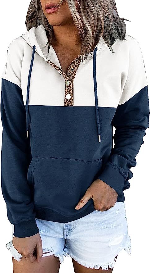 ETCYY Women's Color Block Hoodies Tops Long Sleeve Casual Drawstring Button Down Pullover Sweatsh... | Amazon (US)