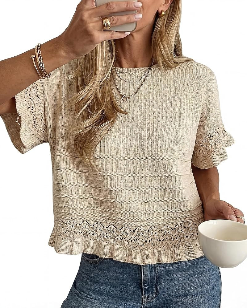 Women's Short Sleeve Sweaters Round Neck Cute Ruffle Hem Knit Crochet Pullover Tops Casual Summer... | Amazon (US)