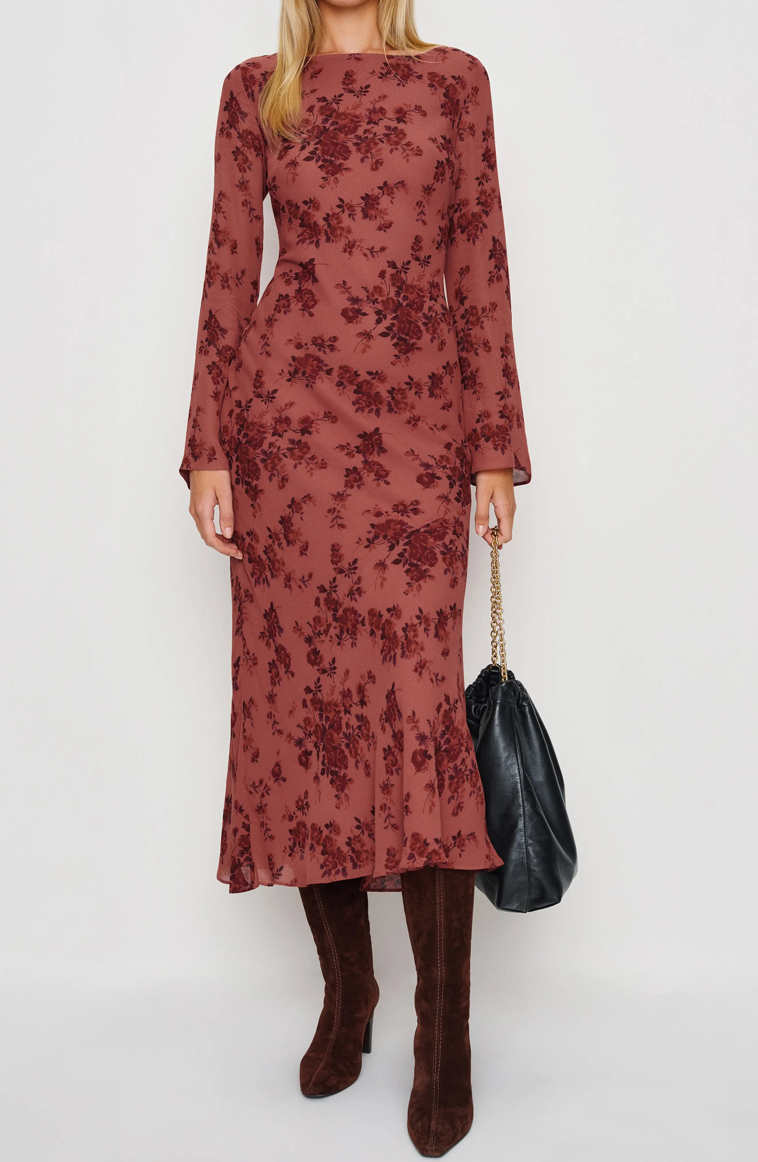 Reformation Esra Floral Print Long Sleeve Dress in Clarette at Nordstrom, Size Medium | Nordstrom