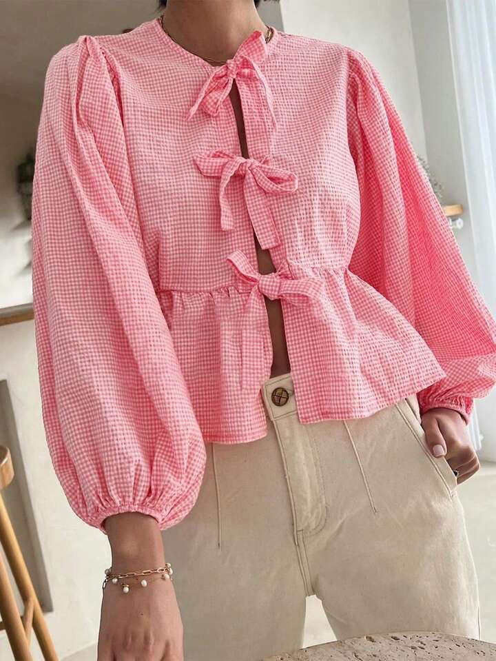 NeuPeplum-Bluse mit Gingham-Muster, Vordertasche zum Binden und Lampion-Ärmeln | SHEIN