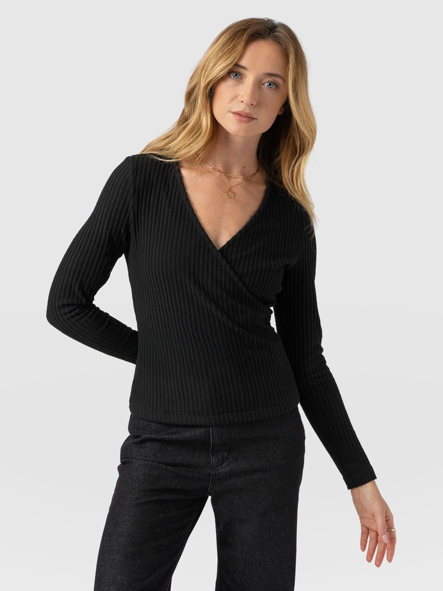Rosa Wrap Tee Long Sleeve - Black Rib | Saint + Sofia