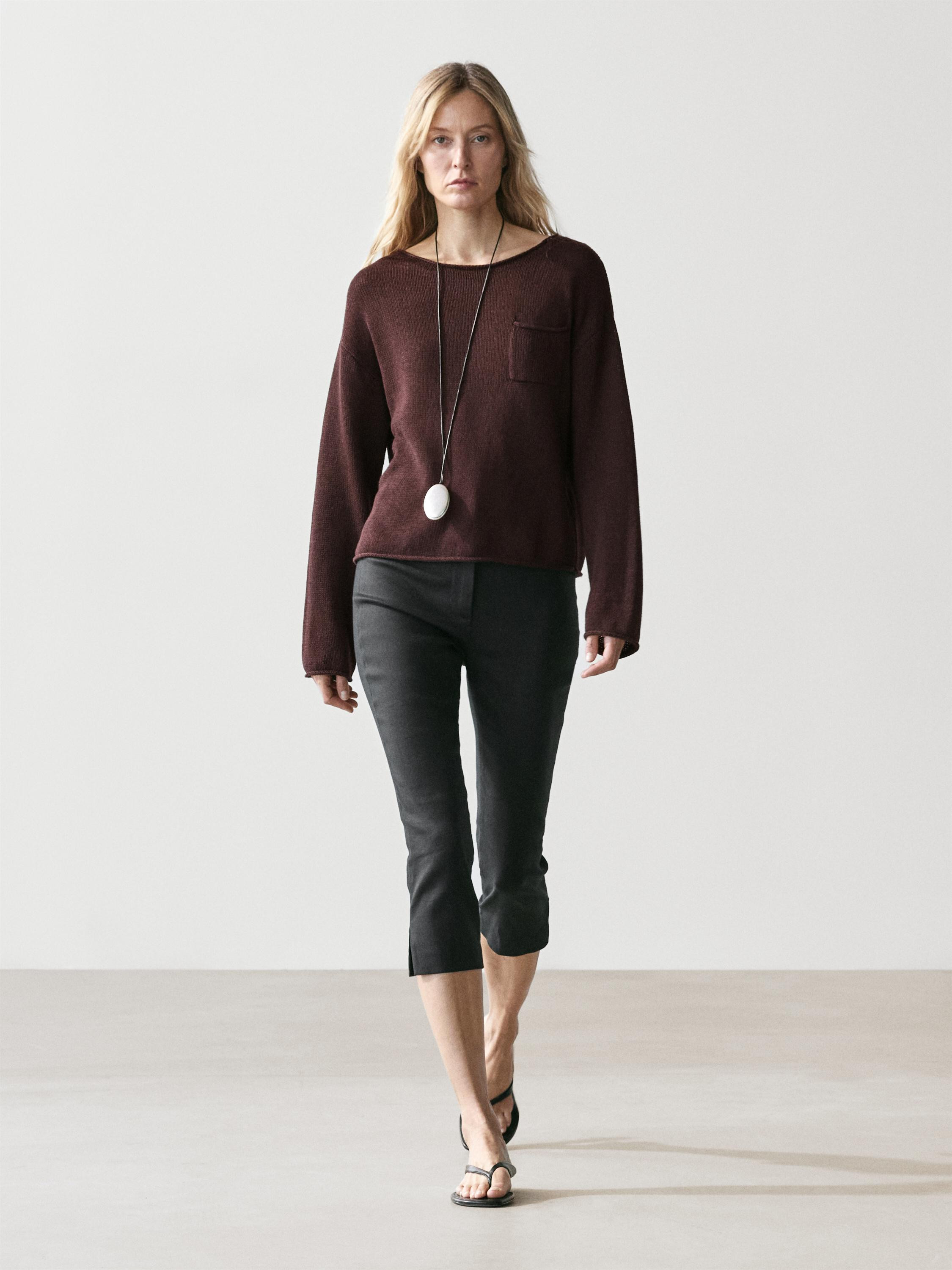 Cotton and linen knit sweater with pocket detail | Massimo Dutti UK