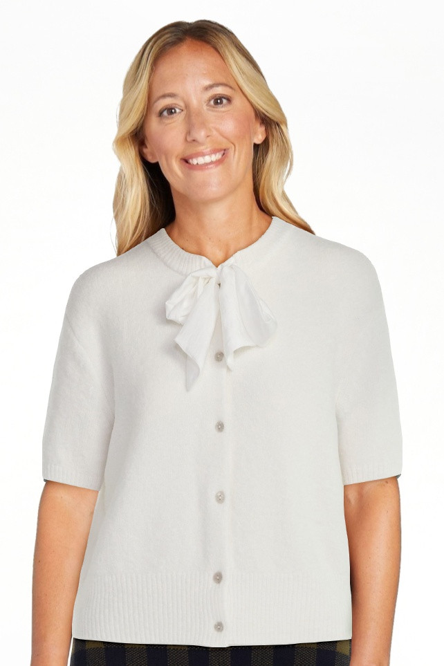 Free Assembly Women's Button-Front Bow Sweater with Short Sleeves, Midweight, Sizes XS-XXL | Walmart (US)