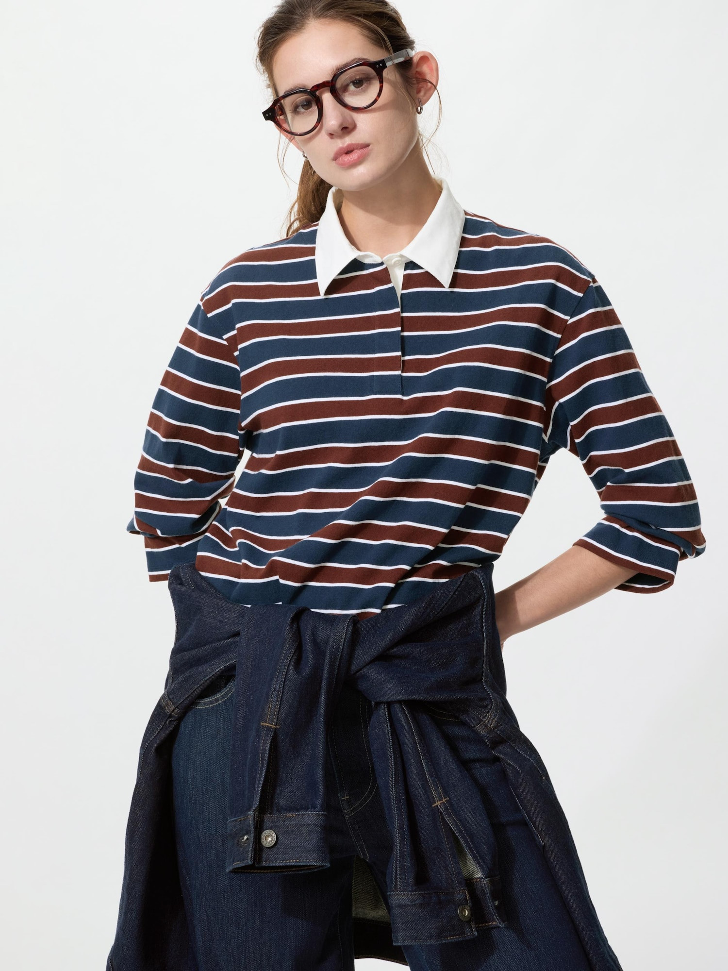 Women's Washed Cotton Polo Shirt Striped Navy Medium UNIQLO US | UNIQLO (US)