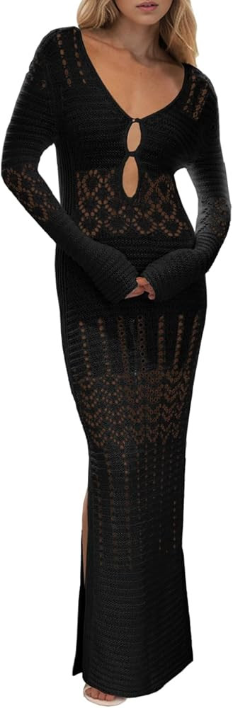 Saodimallsu Womens Crochet Coverups Sexy V Neck Cut Out Long Sleeve Mesh Cover Ups Side Slit Beac... | Amazon (US)