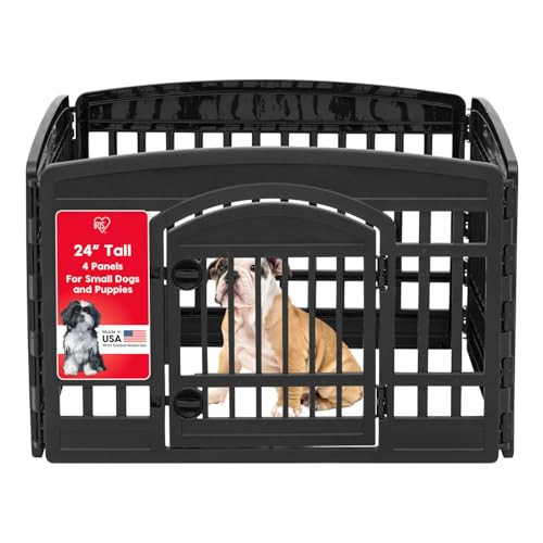 IRIS USA Dog Playpen with Door, 24” 4 Panel Pet Exercise Pen – Indoor Outdoor Puppy Play Pen, Portable Plastic Pet Fence for Small Medium Dogs, Foldable 35” x 35” x 24”, Black | Amazon (US)
