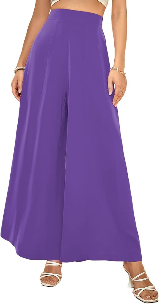 WDIRARA Women's Elastic High Waist Wide Leg Pants Casual Long Palazzo Pants | Amazon (US)