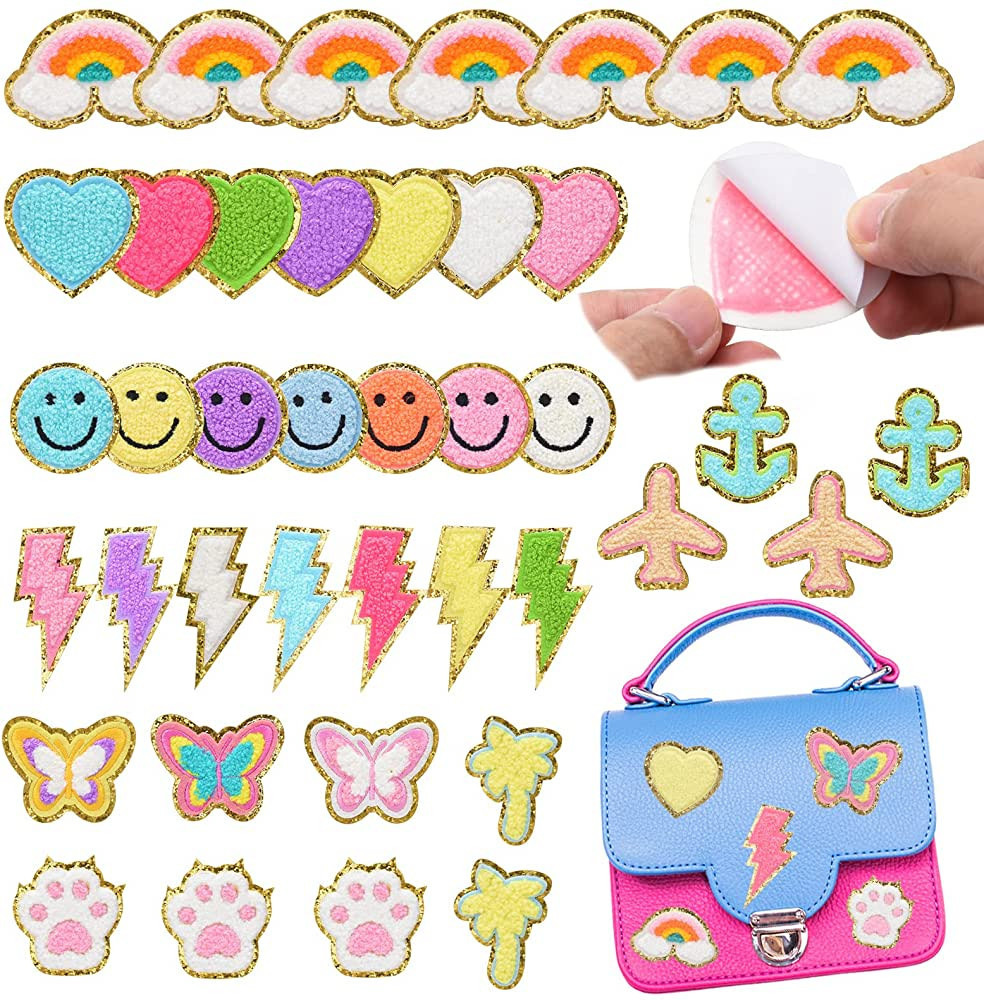 Jspupifip 40 Pcs Cute Chenille Embroidered Patches,Self Adhesive Glitter Chenille Rainbow Heart I... | Amazon (US)