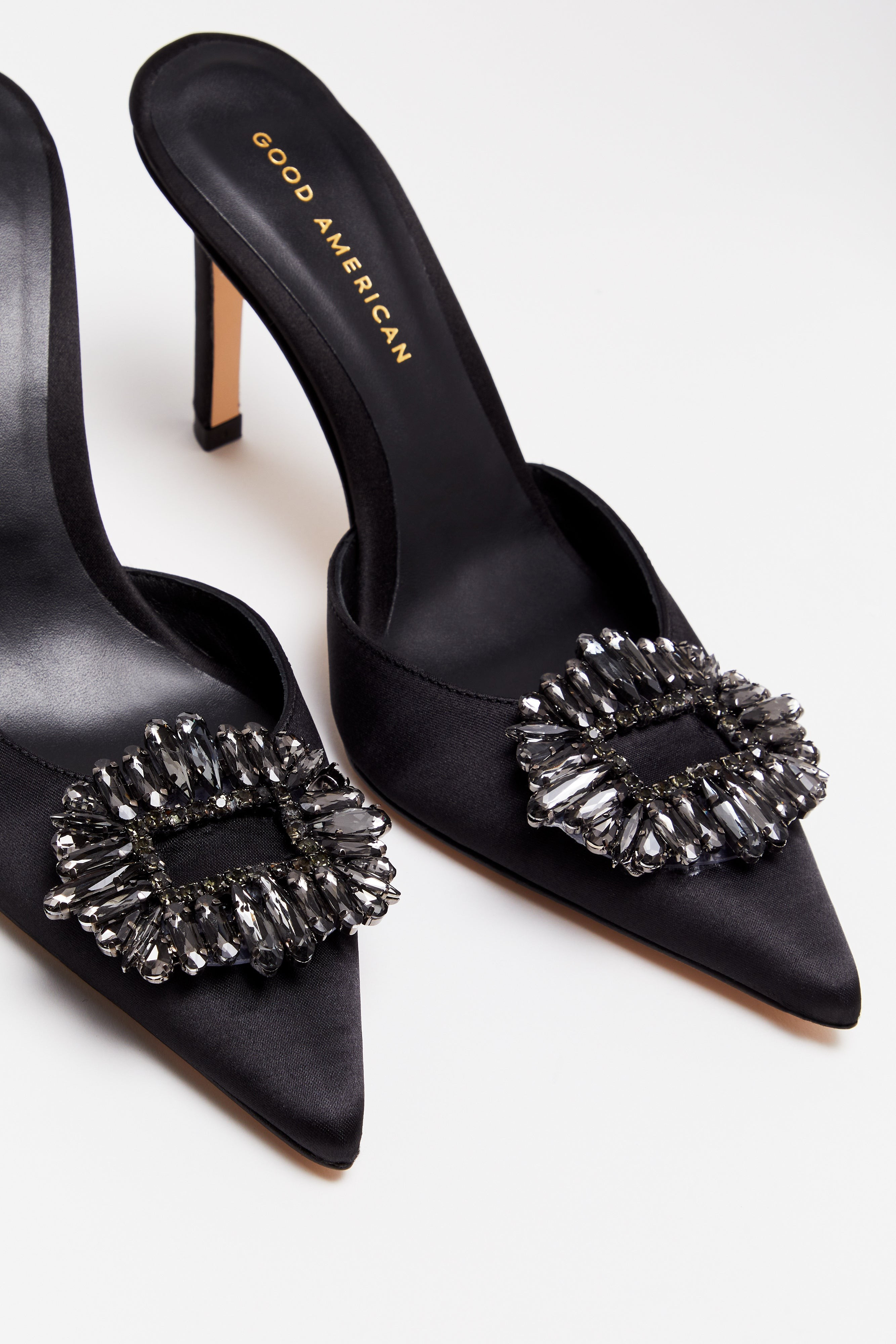 CINDER-F*CKING-RELLA JEWELED MULE | BLACK SATIN001 | Good American