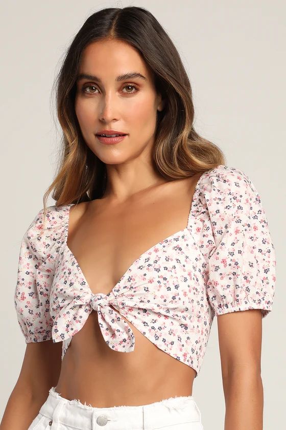 Totally Flirting White Floral Puff Sleeve Tie-Front Crop Top | Lulus (US)