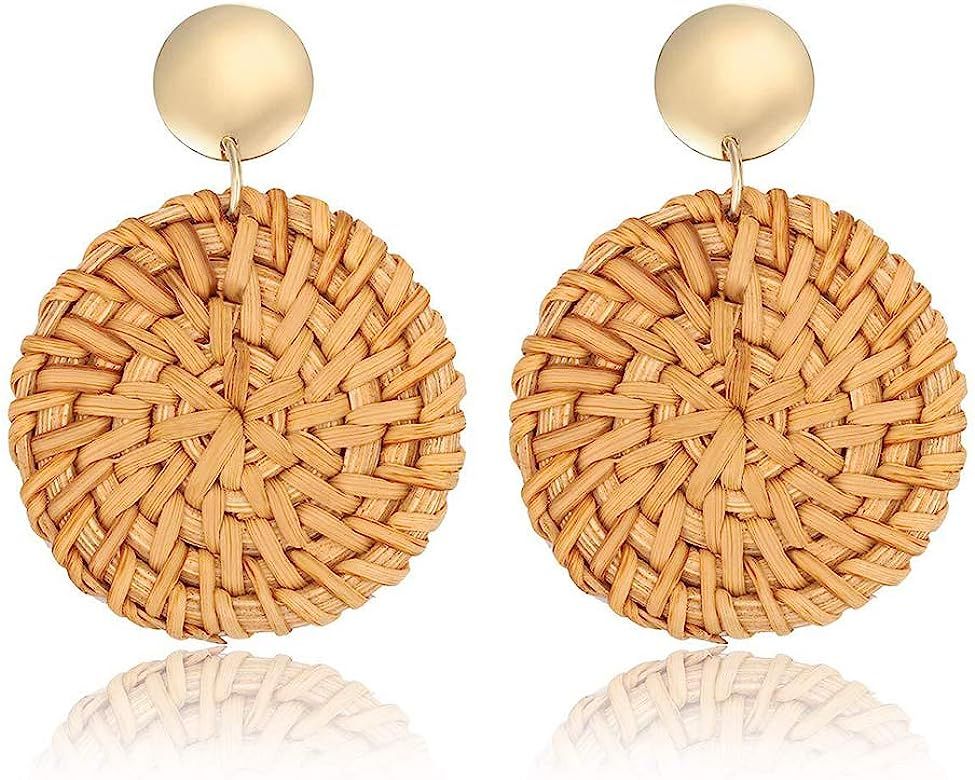 Rattan Earrings - Statement Earrings Handmade Straw Wicker Braid Shell Drop Dangle Earrings for W... | Amazon (US)