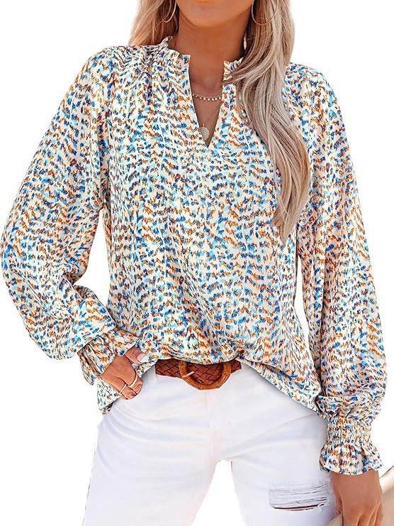 MASCOMODA Womens Boho Floral Long Sleeve Loose Chiffon Blouses | Puff Sleeve Ruffle V Neck Tops, ... | Amazon (US)